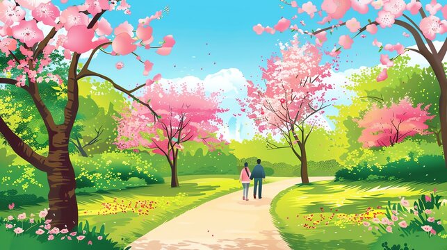 Springtime Walk Design a vector thumbnail of a leisurely springtime walk, with a person or couple strolling through a park or garden, admiring the blossoming trees and flowers in bloom