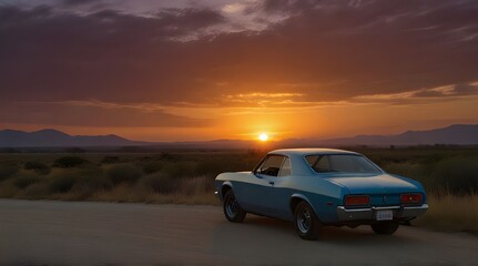 Fototapeta na wymiar Camper car on nature at sunrise.generative.ai 