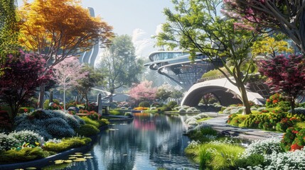 A futuristic home, it is very advanced in appearance, there is a lush green pond around it, and there are colorful flowers and gardens, there is also a futuristic swing bridge, a Future city images