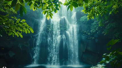 Water cascades over rocks in lush tropical greenery, creating a serene jungle scene. Mist rises from the waterfall, adding to the enchanting atmosphere of nature's beauty.