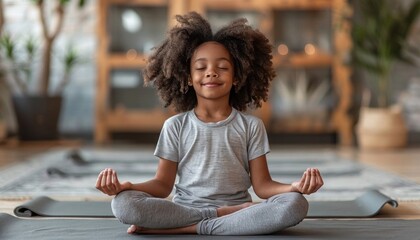 a young girl is sitting in a lotus position on a yoga mat