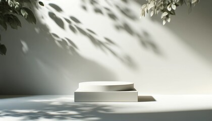 White display podium casting a plant shadow in natural sunlight, ideal for product presentations.