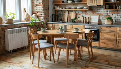 Clean dining table and chairs in interior of kitchen