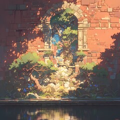 Nestled within the tranquil ruins of an old brick wall, a beautifully crafted bonsai tree flourishes, offering a serene contrast to the weathered surroundings.