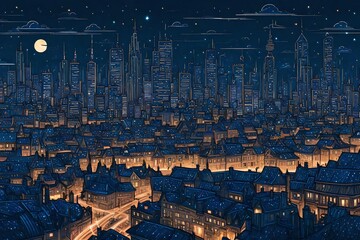 A city skyline at night, a panoramic tapestry of lights under the summer stars.