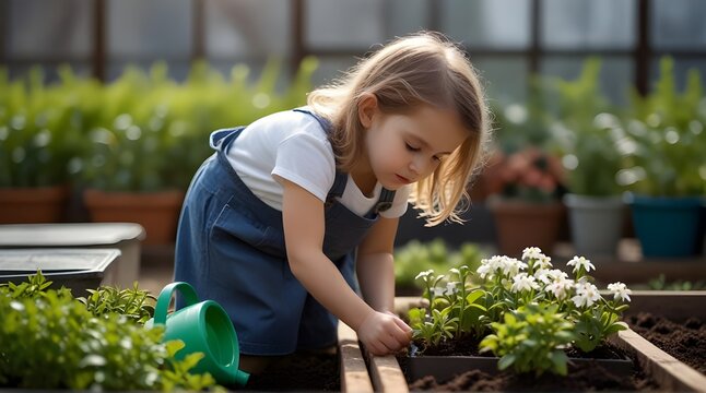 Little girl watering, taking care of plants in greenhouse, during first spring days. Concept of water conservation in garden and family gardening .Generative AI