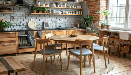 Clean dining table and chairs in interior of kitchen