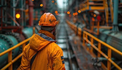 Obraz premium Worker in orange workwear and hard hat walking in factory