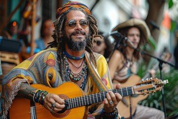 Fototapeta premium Man with dreadlocks playing guitar at microphone during musical event