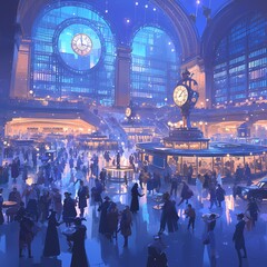 Illustrated Depiction of Grand Central Terminal, a bustling train station in New York City, with people and clocks set against the backdrop of a blue evening sky. - obrazy, fototapety, plakaty