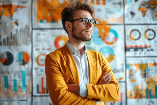 A man with glasses and a yellow jacket is in front of a wall of graphs