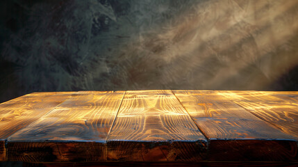 日差しが灯るシックな壁紙と木製テーブルの背景素材