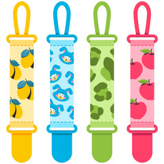 Baby pacifier clips vector cartoon set isolated on a white background.