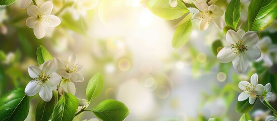 Abstract floral border with green leaves and white flowers on a spring blossom background.