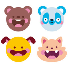 Cute cartoon animal faces vector set isolated on a white background.