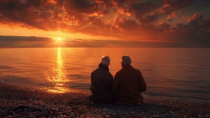 Elderly male couple enjoying a serene sunset at the beach, sitting close with smiles, AI Generative
