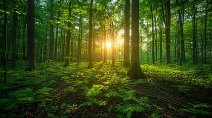 Obraz premium enchanting springtime forest, setting sun casting golden rays through lush leaves, epitome of nature's renewal, vibrant, essence of sustainability, AI Generative