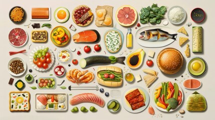 A vibrant, comprehensive array of food icons, neatly categorized by type, ranging from fast food to fresh produce, illustrating the diverse world of gastronomy