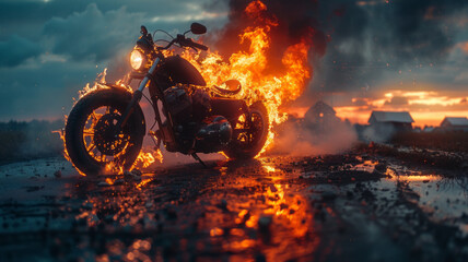 Vintage motorcycle engulfed in flames, against asphalt with sunset glow and mossy stones.generative ai
