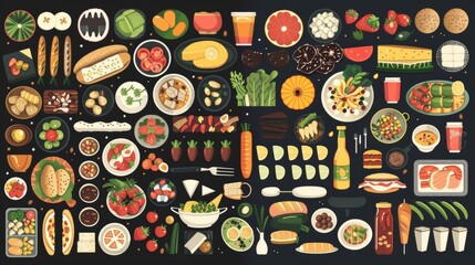 A vibrant, comprehensive array of food icons, neatly categorized by type, ranging from fast food to fresh produce, illustrating the diverse world of gastronomy