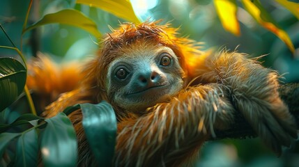 Naklejka premium lazy sloth hanging, lush tropical forest, relaxed, detailed fur texture, natural, soft filtered light, AI Generative