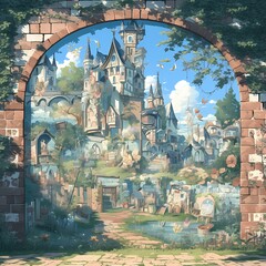 Fantasy Landscape - A Dreamy Medieval Fortress through an Archway with Rustic Beauty