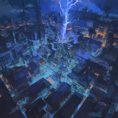 A stunning birds eye view of a city's rooftops bathed in the glow of lightning strikes, capturing the raw power and beauty of nature within an urban landscape.