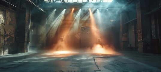Epic scene of stage with spotlight and smoke, empty concert hall or dance club interior background - obrazy, fototapety, plakaty