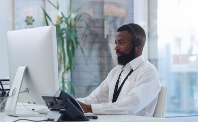 Customer service, headset and black man with computer in office for online crm consultation....