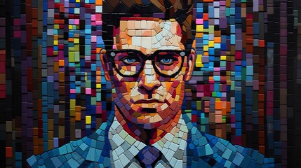 Craft a pixel art representation of a business man, viewed from a worms-eye perspective, with a stylish suit and whimsical glasses, immersed in his work at a desk Ensure the details pop and convey a s