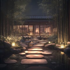 Experience the serene atmosphere of a traditional Japanese zen garden at dusk, featuring a wooden teahouse and stone walkway.