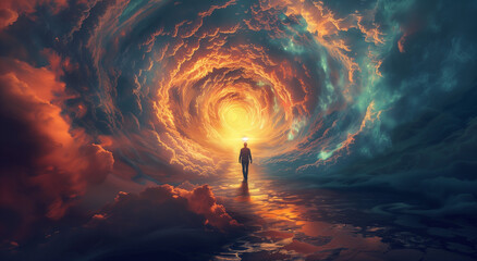 a man standing in the center of an endless tunnel made out light and clouds, light at end of tunnel in fantasy world, surrealistic style - obrazy, fototapety, plakaty