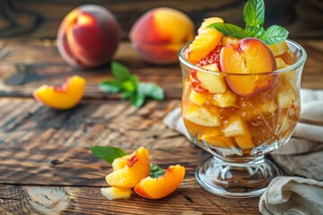 Peach dessert in glass cup on wooden table with fresh peach jam Homemade fruit salad with yogurt