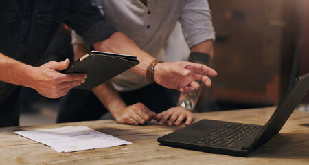 Laptop, tablet and hands of business people with planning, paperwork and creative ideas at startup....