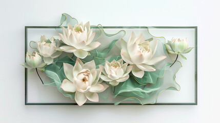 A serene arrangement of lotus flowers floating gracefully within a rectangular frame inside empty, their delicate petals unfolding like layers of silk against the tranquil backdrop of a pure white su