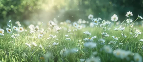  Grassy field with chamomile flowers, featuring a sunny spring or summer landscape adorned with white daisies in the sunlight, creating a blurred effect. © Vusal