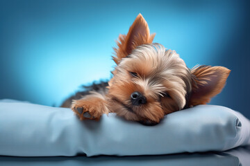 Image of cute yorkshire terrier dog lying on sleeping cushion. Pet. Animals. Illustration. Generative AI.