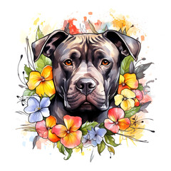 American bully dog head and beautiful tropical flowers on white background. Mammals. Pet. Animals. Illustration, Generative AI.