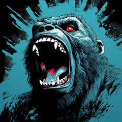 Angry gorilla art printing on black background. Wild Animals. Mammals. Illustration, Generative AI.