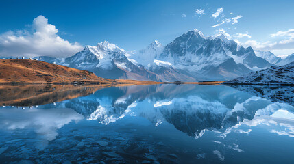 Snow-covered mountain range reflected in glassy lake below, serene and majestic. - obrazy, fototapety, plakaty