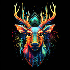 A brightly colored deer head on black background. Mammals. Wild Animals. Illustration, Generative AI.