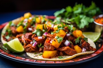 Photo of a colorful plate of tacos al pastor, showcasing the juicy marinated pork, topped with pineapple chunks and fresh cilantro