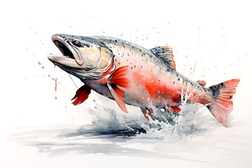 Watercolor painting of salmon fish on a clean background. Fish. Food. Underwater animals. Illustration, Generative AI.