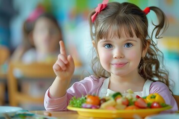Embracing Healthy Habits A Cheerful Young Girl Delighting in a Colorful, Nutritious Meal at...