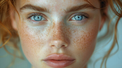 Close-Up Portrait Of A Young Woman With Freckles And Deep Blue Eyes