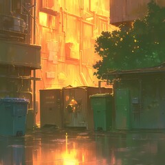 Glowing Industrial Street Scene at Sunrise - Stock Image