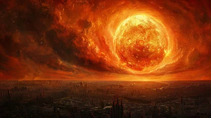 Foto op Canvas An extremely large and bright red sun is rising over a ruined city. © charunwit