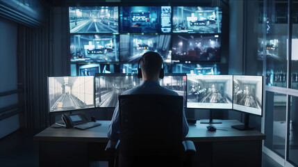 A man, a security guard, is seated at a desk, watching over multiple monitors closely. - obrazy, fototapety, plakaty