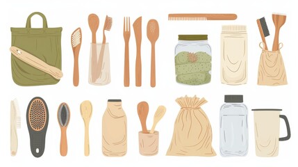 Collection of Zero Waste durable and reusable items or products - glass jars, eco grocery bags, wooden cutlery, comb, toothbrush and brushes, thermo mug - obrazy, fototapety, plakaty