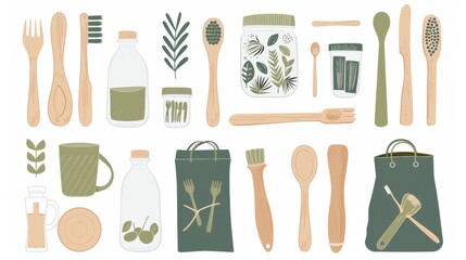 Collection of Zero Waste durable and reusable items or products - glass jars, eco grocery bags, wooden cutlery, comb, toothbrush and brushes, thermo mug